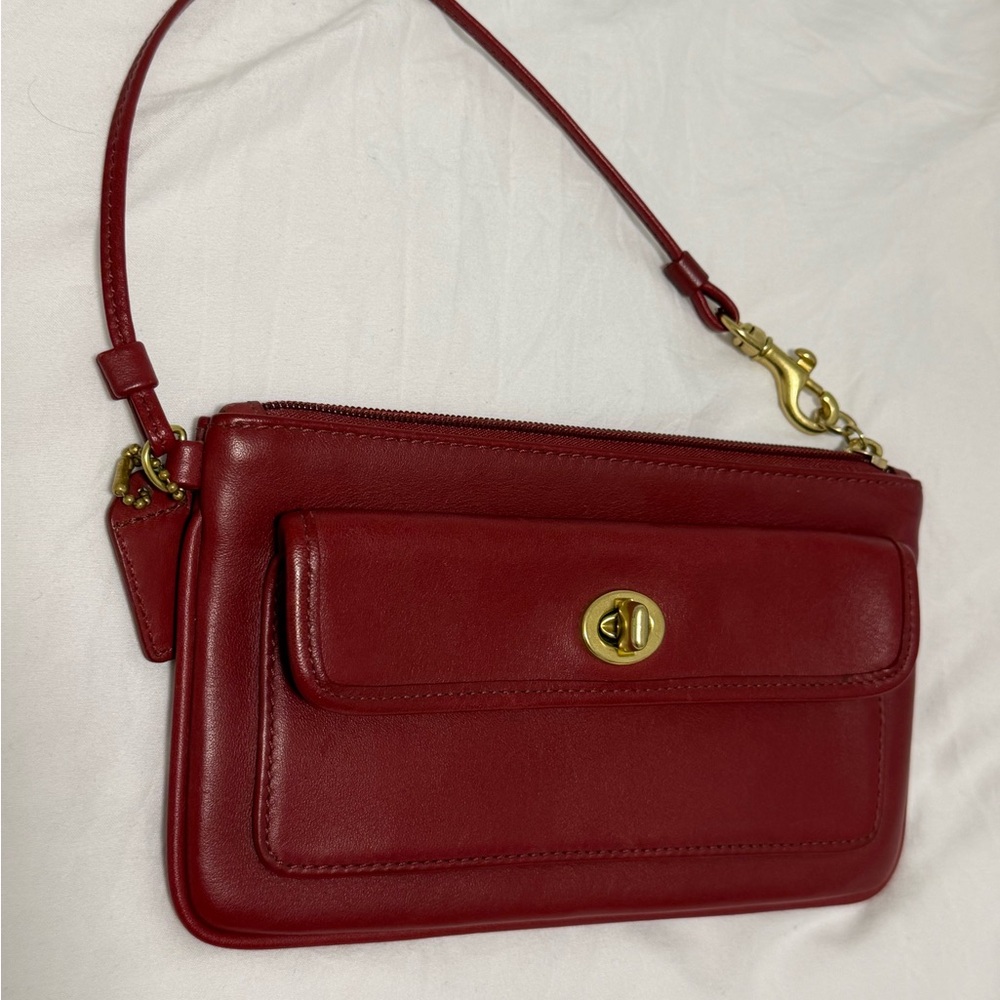 Coach Red Leather Turnlock Wristlet with Gold-Tone Hardware